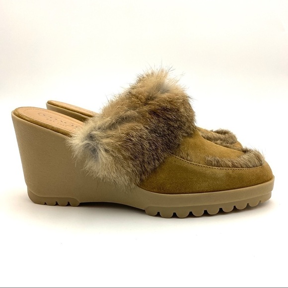 COACH Kaela Rabbit Fur Platform Tan Wedge Mule Clog Heels Italy Women's 11B - Picture 1 of 9